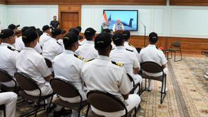 Prime Minister Narendra Modi interacts with the crew of Strategic Strike Nuclear Submarine INS Arihant.(PMO India/Twitter)
