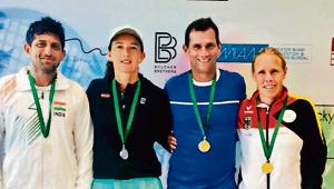 (From left) Nitten Kirrtane and Vlada Kirilovska, mixed doubles silver medallists pose with Marcus Hilpert of Netherlands and Stefanie Kolar of Germany who won the gold medals in Florida, US(HT/PHOTO) (From left) Nitten Kirrtane and Vlada Kirilovska, mixed doubles silver medallists pose with Marcus Hilpert of Netherlands and Stefanie Kolar of Germany who won the gold medals in Florida, US(HT/PHOTO)