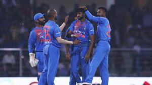 Indian players celebrate the dismissal of West Indies Shai Hope during the second Twenty20 international cricket match between India and West Indies at Bharat Ratna Shri Atal Bihari Vajpayee Ekana Cricket Stadium in Lucknow.(AP) Indian players celebrate the dismissal of West Indies Shai Hope during the second Twenty20 international cricket match between India and West Indies at Bharat Ratna Shri Atal Bihari Vajpayee Ekana Cricket Stadium in Lucknow.(AP)