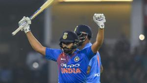 Rohit Sharma celebrates after reaching his century on Tuesday.(PTI) Rohit Sharma celebrates after reaching his century on Tuesday.(PTI)