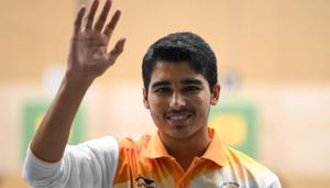 India's Saurabh Chaudhary celebrates after winning the men's 10m air pistol shooting final during the 2018 Asian Games(AFP) India's Saurabh Chaudhary celebrates after winning the men's 10m air pistol shooting final during the 2018 Asian Games(AFP)