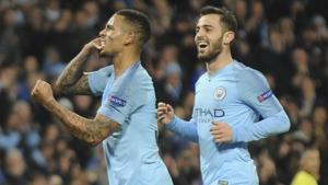 Manchester City Gabriel Jesus, left, celebrates after scoring his side's fourth goal during the Champions League Group F football match between Manchester City and Shakhtar Donetsk.(AP) Manchester City Gabriel Jesus, left, celebrates after scoring his side's fourth goal during the Champions League Group F football match between Manchester City and Shakhtar Donetsk.(AP)