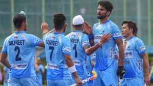 File photo: Indian players celebrate after scoring a goal during a match.(PTI) File photo: Indian players celebrate after scoring a goal during a match.(PTI)