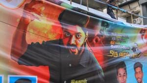 AIADMK ministers and party cadres protest the release of actor Vijay's latest Tamil film AIADMK ministers and party cadres protest the release of actor Vijay's latest Tamil film