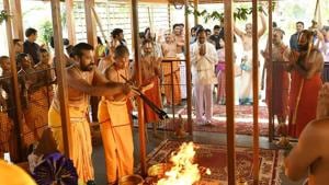 Telangana Rashtra Samithi president and caretaker chief minister K Chandrasekhar Rao attending a yagam at prominent Vaishnavaite seer Sri Tridandi Chinna Jeeyar Swamy’s ashram on the outskirts of Hyderabad to seek divine blessings for his party’s victory in the December 7 Telangana assembly elections (HT Photo)(HT Photo) Telangana Rashtra Samithi president and caretaker chief minister K Chandrasekhar Rao attending a yagam at prominent Vaishnavaite seer Sri Tridandi Chinna Jeeyar Swamy’s ashram on the outskirts of Hyderabad to seek divine blessings for his party’s victory in the December 7 Telangana assembly elections (HT Photo)(HT Photo)
