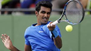 File image of India's Prajnesh Gunneswaran returning a shot during a match.(AP) File image of India's Prajnesh Gunneswaran returning a shot during a match.(AP)
