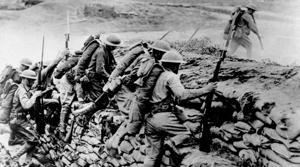 In this picture, American troops can be seen climbing over a sandbag revetment in France during World War I in 1918. This year marks a century since the end of the Great War, the one fought in trenches, across continents, by heroic young men against deadly new technologies and by nations fuelled by greed.(AP) In this picture, American troops can be seen climbing over a sandbag revetment in France during World War I in 1918. This year marks a century since the end of the Great War, the one fought in trenches, across continents, by heroic young men against deadly new technologies and by nations fuelled by greed.(AP)