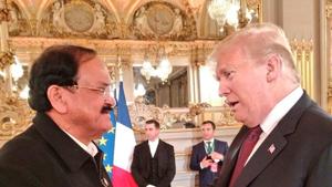 Vice-president M Venkaiah Naidu met United States president Donald Trump and French president Emmanuel Macron at a banquet hosted by the latter in honour of Heads of States who are attending a ceremony in Paris to commemorate the Armistice of First World War.(Twitter/@VPSecretariat) Vice-president M Venkaiah Naidu met United States president Donald Trump and French president Emmanuel Macron at a banquet hosted by the latter in honour of Heads of States who are attending a ceremony in Paris to commemorate the Armistice of First World War.(Twitter/@VPSecretariat)