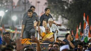 Congress president Rahul Gandhi waves to his party workers and supporters during a roadshow ahead of the Chhattisgarh Assembly elections, in Rajnandgaon on November 9.(PTI Photo) Congress president Rahul Gandhi waves to his party workers and supporters during a roadshow ahead of the Chhattisgarh Assembly elections, in Rajnandgaon on November 9.(PTI Photo)