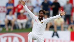 Sri Lanka's Akila Dananjaya appeals for an unsuccessful LBW wicket for England's captain Joe Root.(REUTERS)