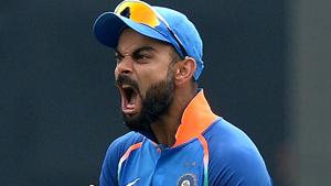 Virat Kohli reacts during the fifth one day international (ODI) cricket match between India and West Indies.(AFP)