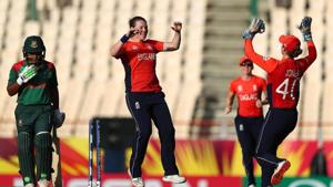 ICC Women’s World T20 2018: England players celebrate the fall of a Bangladesh wicket in St. Lucia.(ICC) ICC Women’s World T20 2018: England players celebrate the fall of a Bangladesh wicket in St. Lucia.(ICC)