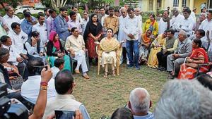 Rajasthan assembly election: Sawai Madhopur MLA and member of the erstwhile royal family of Jaipur, Diya Kumari, who was not in BJP’s first list of candidates, talks to supporters at her residence, in Jaipur(Himanshu Vyas)