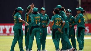 Pakistan players celebrate the fall of an Ireland wicket.(ICC) Pakistan players celebrate the fall of an Ireland wicket.(ICC)