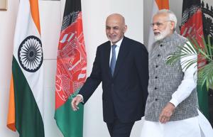 New Delhi, India - Oct. 24, 2017: Prime Minister Narendra Modi with Afghanistan President Dr. Mohammad Ashraf Ghani at Hyderabad House in New Delhi, India, on Tuesday, October 24, 2017. (Photo by Mohd Zakir/ Hindustan Times)(Mohd Zakir/HT PHOTO) New Delhi, India - Oct. 24, 2017: Prime Minister Narendra Modi with Afghanistan President Dr. Mohammad Ashraf Ghani at Hyderabad House in New Delhi, India, on Tuesday, October 24, 2017. (Photo by Mohd Zakir/ Hindustan Times)(Mohd Zakir/HT PHOTO)
