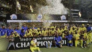 File image - Members of Chennai Super Kings pose with trophy after wining against Sunrisers Hyderabad in IPL 2018 final.(AP) File image - Members of Chennai Super Kings pose with trophy after wining against Sunrisers Hyderabad in IPL 2018 final.(AP)