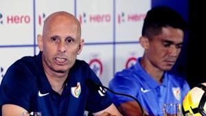 File image - India coach Stephen Constantine speaks with captain Sunil Chhetri by his side during a pre-tournament press conference.(AP) File image - India coach Stephen Constantine speaks with captain Sunil Chhetri by his side during a pre-tournament press conference.(AP)