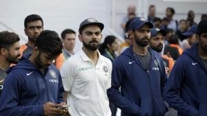 India captain Virat Kohli, center left, waits with his teammates for the trophy presentations to start after England won the fifth cricket test match(AP) India captain Virat Kohli, center left, waits with his teammates for the trophy presentations to start after England won the fifth cricket test match(AP)