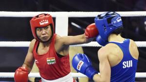 New Delhi, India - Nov. 16, 2018: Boxer Sarita Devi (in Red) in a bout against Switzerland`s Diana Sandra Brugger (in Blue) in Women's 60 kg category during AIBA Women's World Boxing Championships 2018.(Sanjeev Verma/HT PHOTO) New Delhi, India - Nov. 16, 2018: Boxer Sarita Devi (in Red) in a bout against Switzerland`s Diana Sandra Brugger (in Blue) in Women's 60 kg category during AIBA Women's World Boxing Championships 2018.(Sanjeev Verma/HT PHOTO)