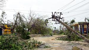 A view of a damaged electric pole due to Cyclone Gaja in Thanjavur district, Tamil Nadu on Saturday, November 17, 2018. (HT Photo)(HT Photo) A view of a damaged electric pole due to Cyclone Gaja in Thanjavur district, Tamil Nadu on Saturday, November 17, 2018. (HT Photo)(HT Photo)