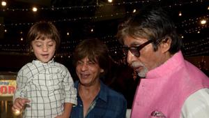 Shah Rukh Khan, Amitabh Bachchan and AbRam at Aaradhya Bachchan’s sixth birthday party, in 2017. Shah Rukh Khan, Amitabh Bachchan and AbRam at Aaradhya Bachchan’s sixth birthday party, in 2017.