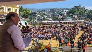 Home Minister Rajnath Singh addresses an election meeting at Kamalanagar , in Mizoram, Friday, November 16, 2018. The saffron party urged the Reang refugees of the state, now living in neighbouring Tripura, to vote for it in the November 28 assembly elections.(PTI) Home Minister Rajnath Singh addresses an election meeting at Kamalanagar , in Mizoram, Friday, November 16, 2018. The saffron party urged the Reang refugees of the state, now living in neighbouring Tripura, to vote for it in the November 28 assembly elections.(PTI)