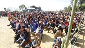 People gather to attend BJP president Amit Shah’s rally in Lawngtlai on November 20.(Amit Shah/Twitter Photo) People gather to attend BJP president Amit Shah’s rally in Lawngtlai on November 20.(Amit Shah/Twitter Photo)