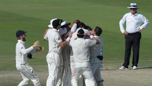 New Zealand players celebrate after beating Pakistan in the first Test.(AFP)