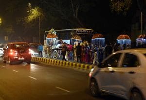 New Delhi, India - Nov. 19, 2018: A wedding procession is on move near Gole Market in New Delhi, India, on Monday, November 19, 2018. (Photo by Vipin Kumar / Hindustan Times)(Vipin Kumar /HT PHOTO)
