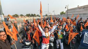 Lucknow: Volunteers of Vishwa Hindu Parishad stage a motor bike railly to make a call for their November 25 Vishal Dharm Sabha at Ayodhya, in Lucknow, Sunday, Nov 18, 2018.(PTI) Lucknow: Volunteers of Vishwa Hindu Parishad stage a motor bike railly to make a call for their November 25 Vishal Dharm Sabha at Ayodhya, in Lucknow, Sunday, Nov 18, 2018.(PTI)