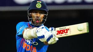 Shikhar Dhawan hits a shot during the T20 international cricket match between Australia and India in Brisbane.(AFP) Shikhar Dhawan hits a shot during the T20 international cricket match between Australia and India in Brisbane.(AFP)