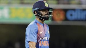 India's Virat Kohli walks off after he lost his wicket during the first T20 International cricket match against Australia.(AP) India's Virat Kohli walks off after he lost his wicket during the first T20 International cricket match against Australia.(AP)