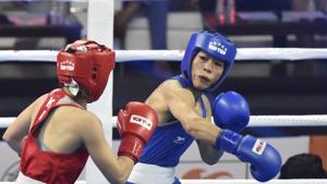 New Delhi, India - Nov. 18, 2018: Boxer Mary Kom (in Blue) in a bout against Kazakhstan's Aigerim Kassenayeva (in Red), in Women's 45-48 kg category during AIBA Women's World Boxing Championships 2018, at IG Stadium,in New Delhi, India, on Sunday, November 18, 2018. (Photo by Sanjeev Verma/ Hindustan Times)(Sanjeev Verma/HT PHOTO) New Delhi, India - Nov. 18, 2018: Boxer Mary Kom (in Blue) in a bout against Kazakhstan's Aigerim Kassenayeva (in Red), in Women's 45-48 kg category during AIBA Women's World Boxing Championships 2018, at IG Stadium,in New Delhi, India, on Sunday, November 18, 2018. (Photo by Sanjeev Verma/ Hindustan Times)(Sanjeev Verma/HT PHOTO)