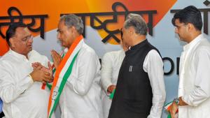 Congres general secretary and Rajasthan state party incharge Avinash Pande (left) welcomes Dausa BJP MP Harish Chandra Meena (2nd L) as he joins the party, at AICC headquarter in New Delhi, Wednesday, Nov 14, 2018. Rajasthan Congress chief Sachin Pilot and senior leader Ashok Gehlot are also seen.(PTI File) Congres general secretary and Rajasthan state party incharge Avinash Pande (left) welcomes Dausa BJP MP Harish Chandra Meena (2nd L) as he joins the party, at AICC headquarter in New Delhi, Wednesday, Nov 14, 2018. Rajasthan Congress chief Sachin Pilot and senior leader Ashok Gehlot are also seen.(PTI File)