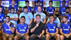 Chennaiyin FC coach and former English footballer John Charles Gregory (C) speaks during a press conference.(AP) Chennaiyin FC coach and former English footballer John Charles Gregory (C) speaks during a press conference.(AP)
