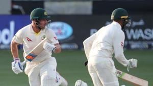 Australian cricketers Usman Khawaja (R) and Aaron Finch (L) run between the wickets during the second day two of the First Test match in the series between Australia and Pakistan at the Dubai International Stadium in Dubai on October 8, 2018. (Photo by KARIM SAHIB / AFP)(AFP) Australian cricketers Usman Khawaja (R) and Aaron Finch (L) run between the wickets during the second day two of the First Test match in the series between Australia and Pakistan at the Dubai International Stadium in Dubai on October 8, 2018. (Photo by KARIM SAHIB / AFP)(AFP)