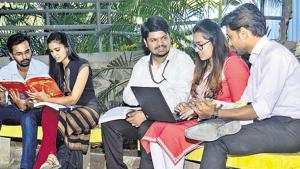 Students of Pumba, are seen preparing for various entrance exams on campus, on Tuesday.(RAVINDRA JOSHI/HT PHOTO) Students of Pumba, are seen preparing for various entrance exams on campus, on Tuesday.(RAVINDRA JOSHI/HT PHOTO)