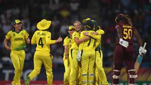 ANTIGUA, ANTIGUA AND BARBUDA - NOVEMBER 22: The Australia side celebrate as Alyssa Healy of Australia(back) stumps Hayley Matthews of the West Indies(R)(IDI via Getty Images) ANTIGUA, ANTIGUA AND BARBUDA - NOVEMBER 22: The Australia side celebrate as Alyssa Healy of Australia(back) stumps Hayley Matthews of the West Indies(R)(IDI via Getty Images)