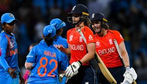 India players congratulate Amy Jones (C) and Nat Sciver (R) of England for winning the ICC Women's World T20 2nd semi-final match between England and India at Sir Vivian Richards Cricket Ground(AFP/Getty Images) India players congratulate Amy Jones (C) and Nat Sciver (R) of England for winning the ICC Women's World T20 2nd semi-final match between England and India at Sir Vivian Richards Cricket Ground(AFP/Getty Images)