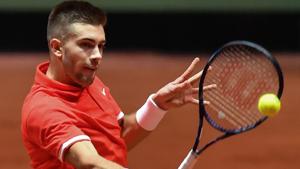 Croatia's Borna Coric plays a backhand return in his singles rubber against France's Jeremy Chardy.(AFP) Croatia's Borna Coric plays a backhand return in his singles rubber against France's Jeremy Chardy.(AFP)
