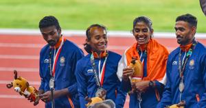 Silver medallist athletes Mohammad Anas Yahiya, Hima Das, MR Poovamma and Arokia Rajiv at the Asian Games in August. Never before have we fired across sports at the same time.(Shahbaz Khan / PTI) Silver medallist athletes Mohammad Anas Yahiya, Hima Das, MR Poovamma and Arokia Rajiv at the Asian Games in August. Never before have we fired across sports at the same time.(Shahbaz Khan / PTI)