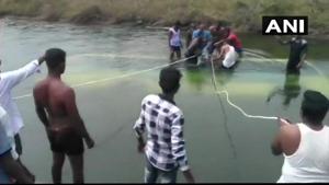 The bus was taking a turn around the canal’s curve when it fell.(ANI/Twitter) The bus was taking a turn around the canal’s curve when it fell.(ANI/Twitter)