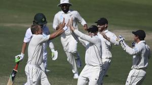 New Zealand's Neil Wagner and team mates celebrate the dismissal of Pakistan's player in their test match in Abu Dhabi.(AP) New Zealand's Neil Wagner and team mates celebrate the dismissal of Pakistan's player in their test match in Abu Dhabi.(AP)