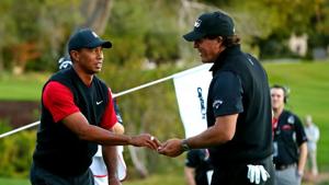 Tiger Woods concedes a putt to Phil Mickelson to play extra holes during The Match: Tiger vs Phil golf match at Shadow Creek Golf Course.(Rob Schumacher-USA TODAY Sports) Tiger Woods concedes a putt to Phil Mickelson to play extra holes during The Match: Tiger vs Phil golf match at Shadow Creek Golf Course.(Rob Schumacher-USA TODAY Sports)
