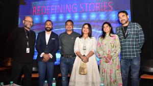 Panaji: Actors Rahul Bose, Rajshri Deshpande, Divya Dutta and Pankaj Tripathi with filmmaker Nila Madhab Panda at the 'Redefining Stories' session during the 49th International Film Festival of India (IFFI-2018) in Panaji, Goa.(IANS) Panaji: Actors Rahul Bose, Rajshri Deshpande, Divya Dutta and Pankaj Tripathi with filmmaker Nila Madhab Panda at the 'Redefining Stories' session during the 49th International Film Festival of India (IFFI-2018) in Panaji, Goa.(IANS)
