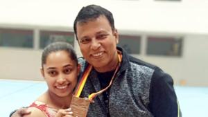 Cottbus : Indian gymnast Dipa Karmakar poses with her coach Bisweswar Nandi after wining bronze in Vault event at Artistic Gymnastic World Cup in Cottbus, Germany, Saturday, Nov 20, 2018(PTI) Cottbus : Indian gymnast Dipa Karmakar poses with her coach Bisweswar Nandi after wining bronze in Vault event at Artistic Gymnastic World Cup in Cottbus, Germany, Saturday, Nov 20, 2018(PTI)