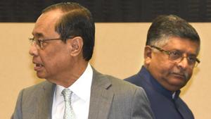 Chief Justice of India Ranjan Gogoi with Union minister for Law and Justice Ravi Shankar Prasad during the inaugural function of Constitution Day celebrations at Vigyan Bhawan in New Delhi, India, on Monday, November 26, 2018.(Arvind Yadav/HT PHOTO) Chief Justice of India Ranjan Gogoi with Union minister for Law and Justice Ravi Shankar Prasad during the inaugural function of Constitution Day celebrations at Vigyan Bhawan in New Delhi, India, on Monday, November 26, 2018.(Arvind Yadav/HT PHOTO)