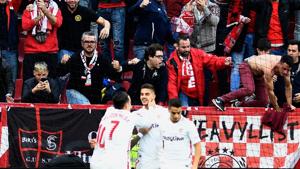 Sevilla's Portuguese forward Andre Silva (centre) celebrates after scoring during the match against Real Valladolid.(AFP) Sevilla's Portuguese forward Andre Silva (centre) celebrates after scoring during the match against Real Valladolid.(AFP)