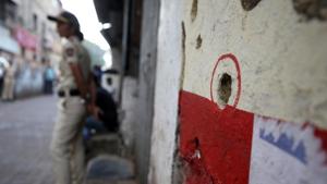 A bullet hole in a wall opposite Nariman House, one of the targets of the November 26, 2008 attacks.(Reuters) A bullet hole in a wall opposite Nariman House, one of the targets of the November 26, 2008 attacks.(Reuters)
