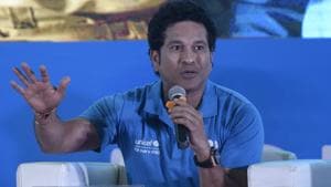 Sachin Tendulkar speaks on the occasion of World Children's Day at Thyagaraj Sports Complex.(Burhaan Kinu/HT PHOTO) Sachin Tendulkar speaks on the occasion of World Children's Day at Thyagaraj Sports Complex.(Burhaan Kinu/HT PHOTO)